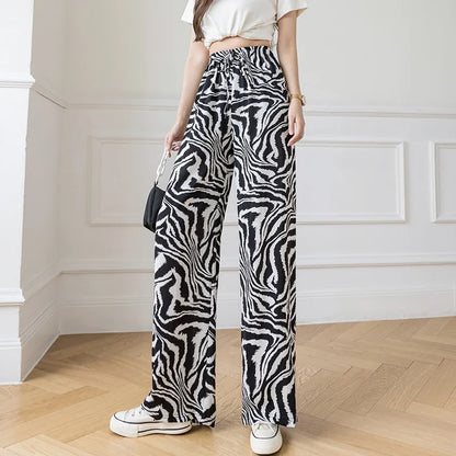 Summer Casual Loose Wide Leg Pants Women's Tie Dye Ink Ice Silk Loose Leopard Print Ethnic Style Long Pants Casual Trousers