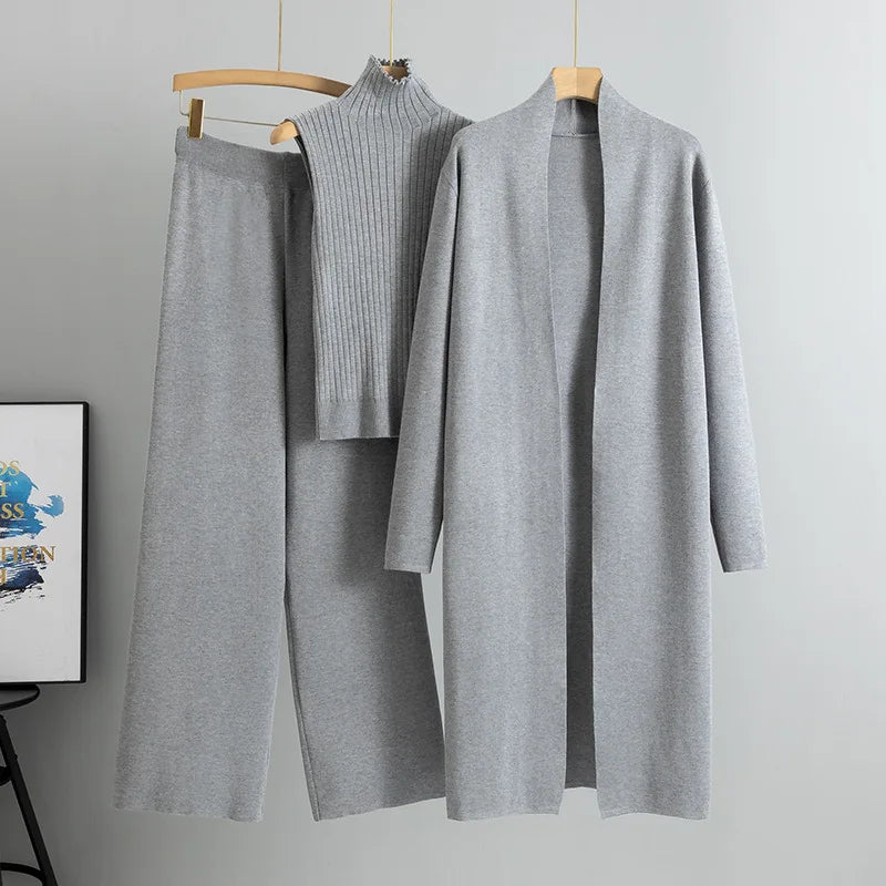 2025 Autumn Winter Women Long Cardigan 3 Piece Set Knit Pants High Neck Vest Wide Leg Trousers Outfit