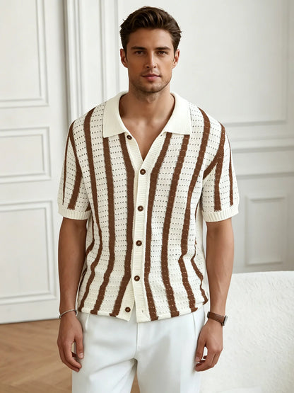 Men's Striped Knit Polo Shirt Short Sleeve Button Down Cardigan V-Neck Hollow Out Retro Casual Top Summer Old Money Style