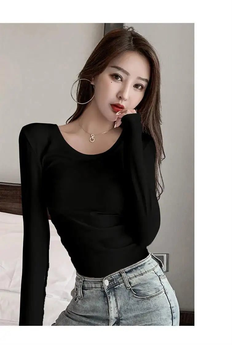 Women's Slim Fit Long Sleeve round Neck T-Shirt Base Layer Shirt Inner And Outer Wear Autumn Style Commute Korean Version