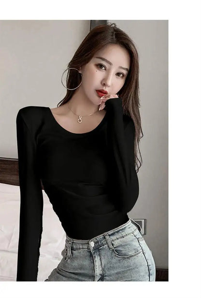 Women's Slim Fit Long Sleeve round Neck T-Shirt Base Layer Shirt Inner And Outer Wear Autumn Style Commute Korean Version