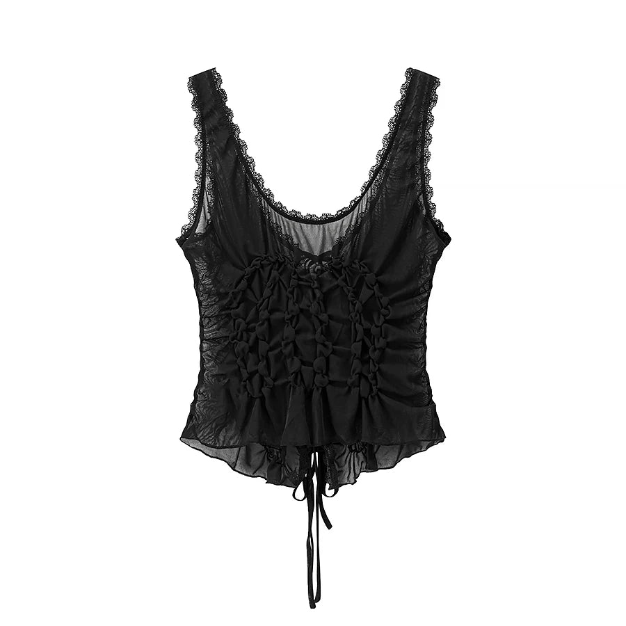 DUOPERI Women Y2K Fashion Solid Pleated Lace Up Slim Fitting Camisole Straps V-Neck Female Chic Lady Casual Tank Tops