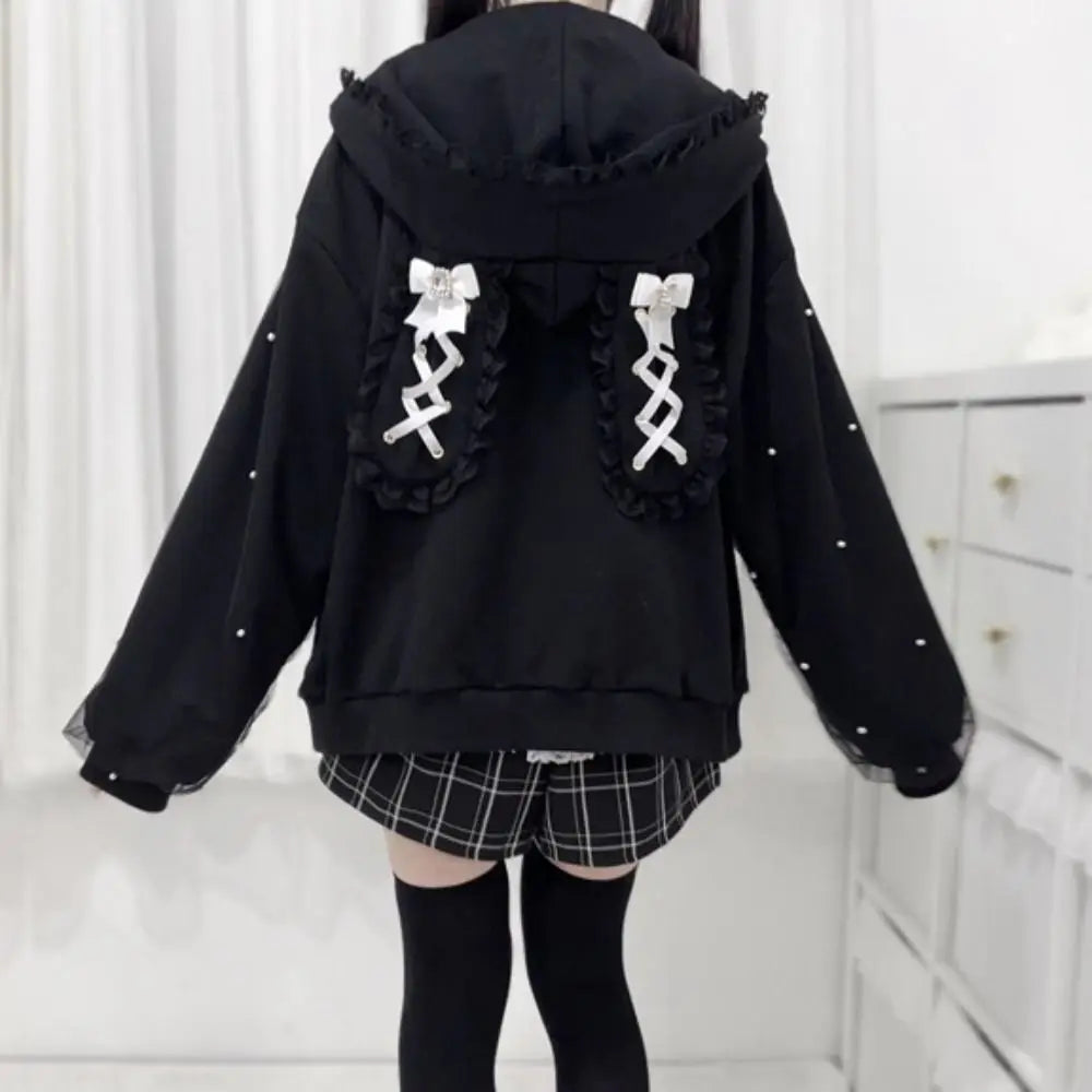 Long Sleeve Strapped Rabbit Ear Hoodie Thick Warm Lolita JK Cardigans Women Y2K Ladies Top Winter Autumn Lace Bow Coats Female