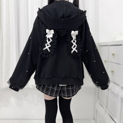 Long Sleeve Strapped Rabbit Ear Hoodie Thick Warm Lolita JK Cardigans Women Y2K Ladies Top Winter Autumn Lace Bow Coats Female