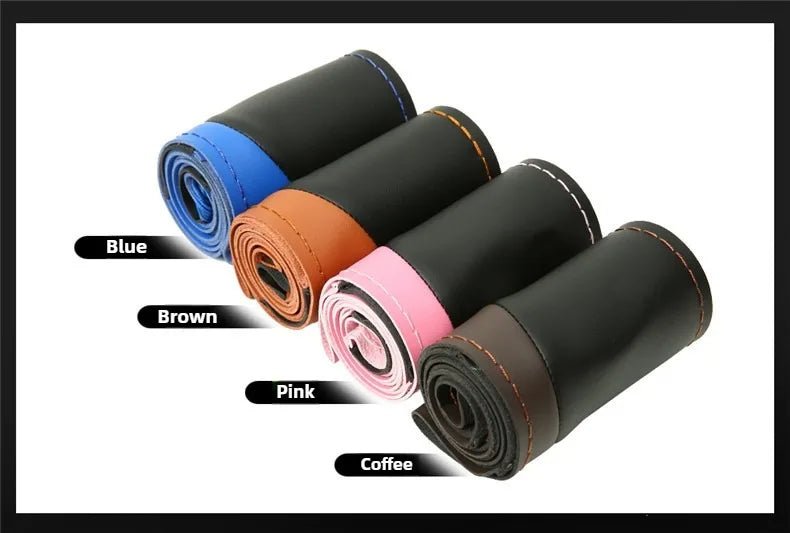 Leather Hand Sewn Steering Wheel Covers Universal DIY Braiding Car Steering Wheel Cover Car Accessories Steering Wheel Wrap 38CM