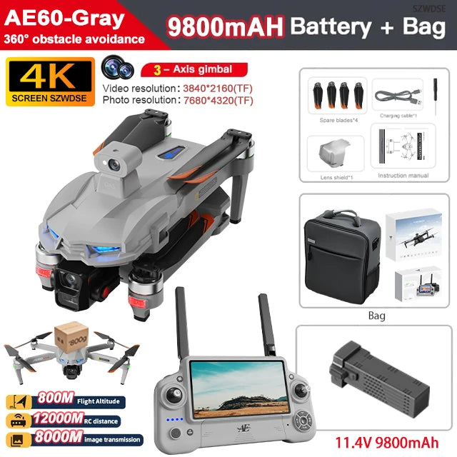 New AE60 Profesional GPS Drone With 8K Camera 3-Axis Gimbal 5G WiFi Brushless RC Quadcopter Screen Control Airdrop Security Dron