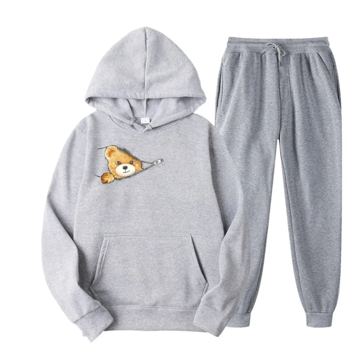 Autumn and Winter Men's and Women's 100% Pure Cotton Casual Loose Cartoon Cute Bear Print Sports Comfortable Hoodie Set
