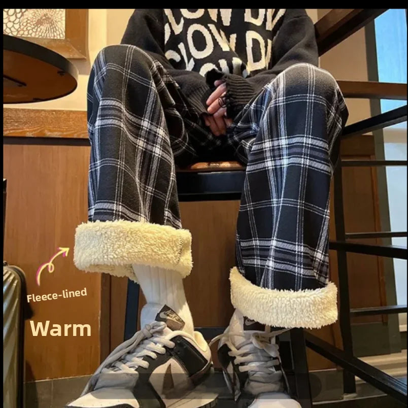 Thickened Fleece Straight Leg Pants Winter New Style Lamb Velvet Plaid Women's High Waist Warm Casual Wide Leg Pants