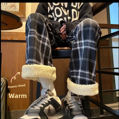 Thickened Fleece Straight Leg Pants Winter New Style Lamb Velvet Plaid Women's High Waist Warm Casual Wide Leg Pants