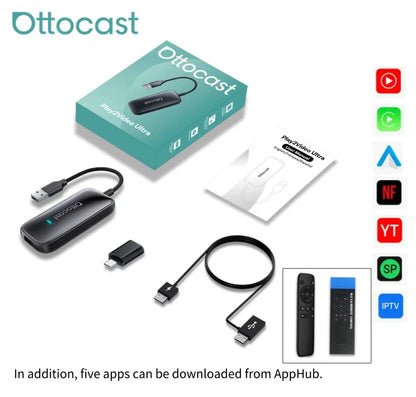 OTTOCAST Play2Video Ultra Wireless CarPlay AI BoxVideo Streaming forCar YouTube Netflix IPTV Plug&Play for Factory Wired CarPlay