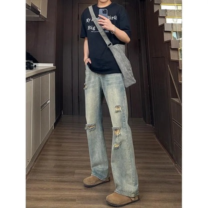 Man Pants Mens Jeans Baggy Jeans Distressed Loose Straight Leg Summer Retro High Street Casual Trousers For Men