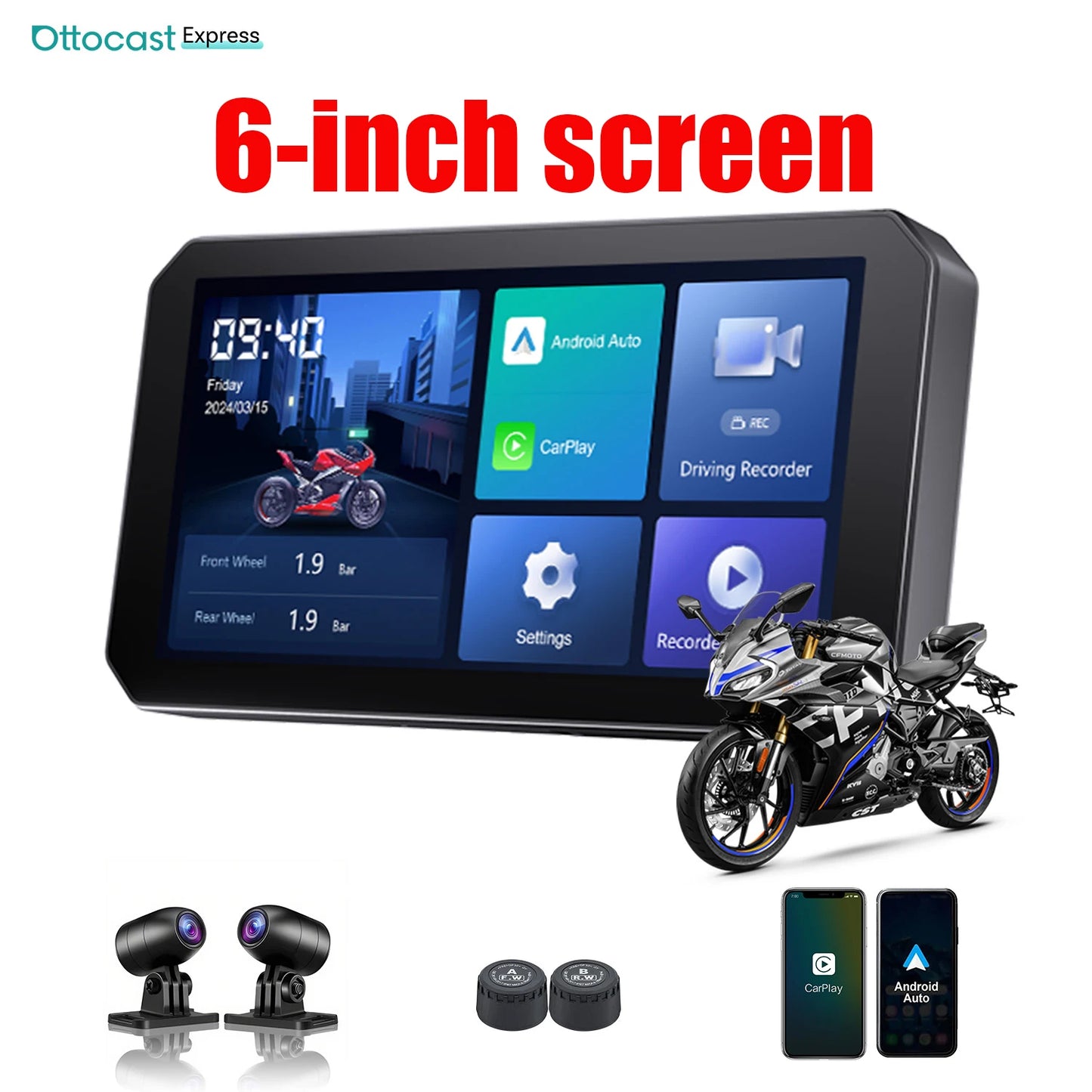 Ottocast Express Motorcycle Display 6.0 inch IP67 Waterproof GPS Wireless Carplay Android Auto DVR Drive Recorder Moto Monitor
