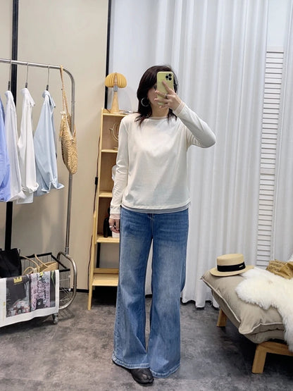 Spring New plus Size round Neck Mesh Splice Loose Long Sleeve Base Shirt Women Fat MM Slimming Belly Cover Simple T-shirt