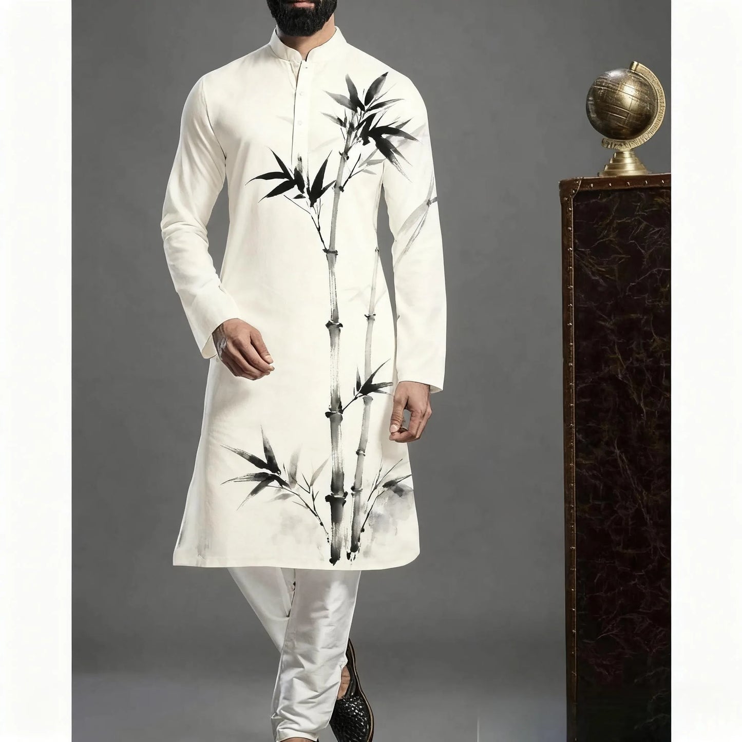 Muslim Kurtta Shirt Men Clothes Folk Kaftan Musulman Kurta Indian Islamic Clothing National Printed Long Sleeve Shirts