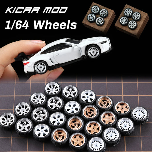 1/64 Model Car Wheels 4 Sets-11mm Diameter ABS Rubber Tires with Brake Disc-Upgrade Parts for Tomica Hot Wheels Diecast Vehicles