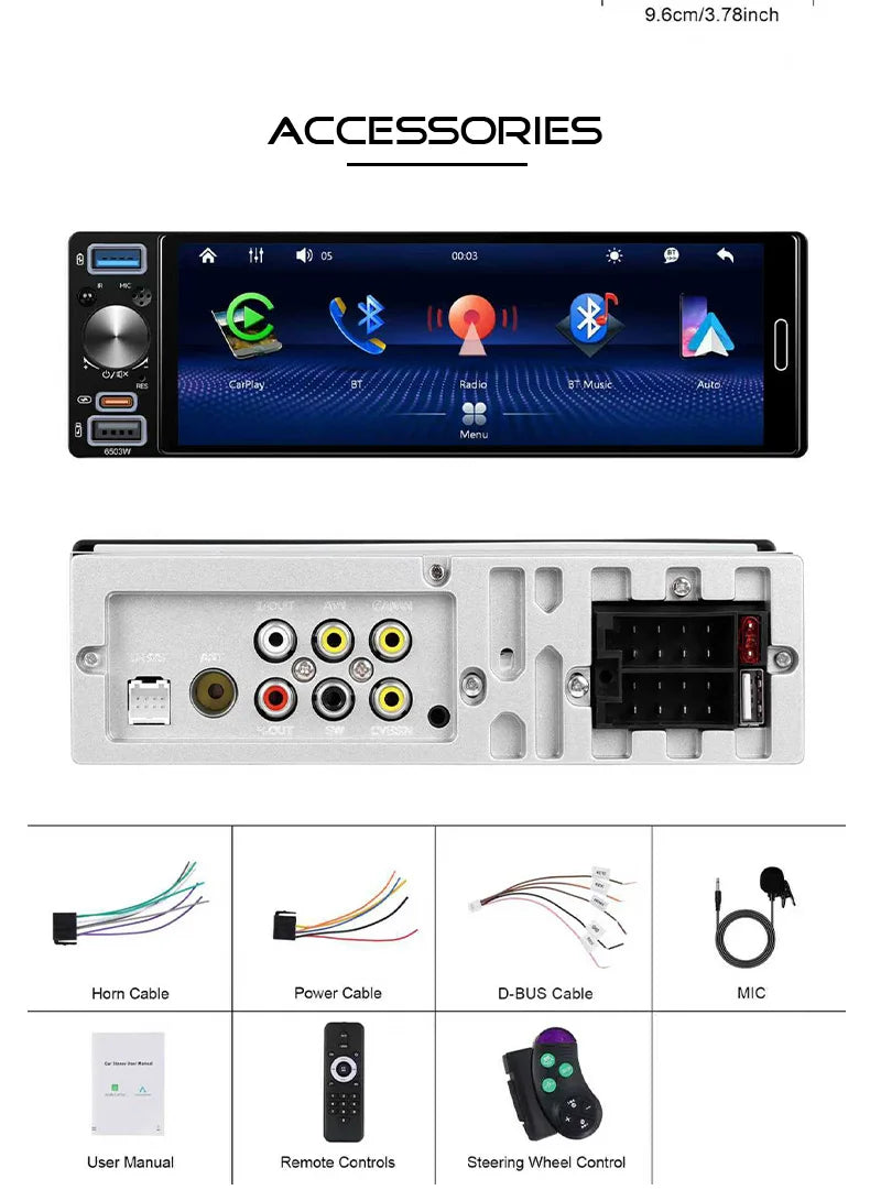 1 Din Car Radio Universal Wireless Carplay Android Auto Car Multimedia MP5 BT Car Stereo Type-C USB FM/AM IPS Touch Screen