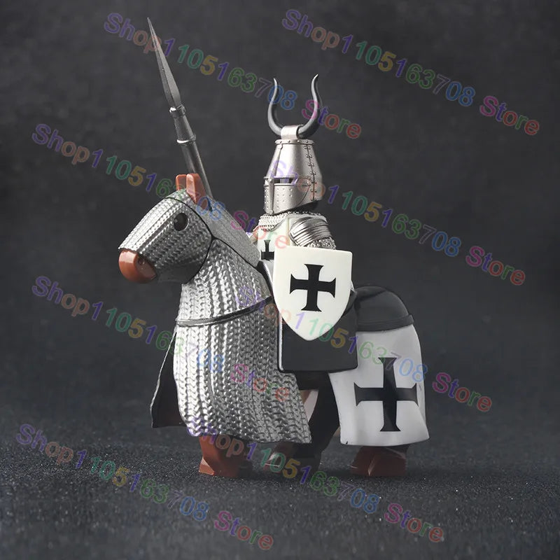 MOC Medieval Military Crusader Knight Building Blocks Castle Army Soldier Figure Horse Mount Shield Sword Accessories Bricks Toy