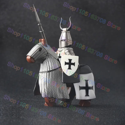 MOC Medieval Military Crusader Knight Building Blocks Castle Army Soldier Figure Horse Mount Shield Sword Accessories Bricks Toy