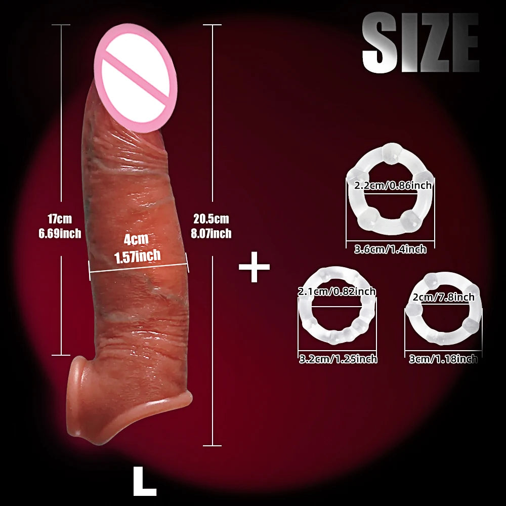 Realistic Super Huge Penis Sleeve Big Growth Penis Delayed Ejection Extend Penis Reusable Enlarger Silicone Condom Male Sex Toy