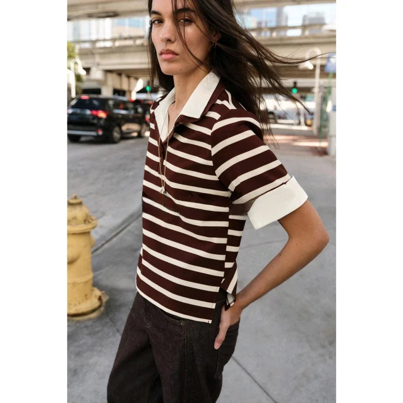 Spring New Women's Short Sleeve  Shirt Neck Splicing Stripe Pattern Casual Loose Fit Polyester Fiber Creative Design