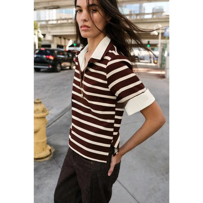 Spring New Women's Short Sleeve  Shirt Neck Splicing Stripe Pattern Casual Loose Fit Polyester Fiber Creative Design