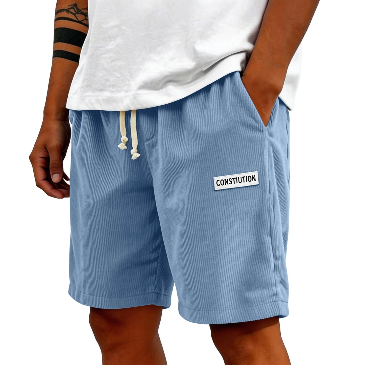 Men's Corduroy Casual Shorts Drawstring Elastic Waist Loose Fit Five-Point Shorts With Pockets Labelled Men's Bottoms Sporty