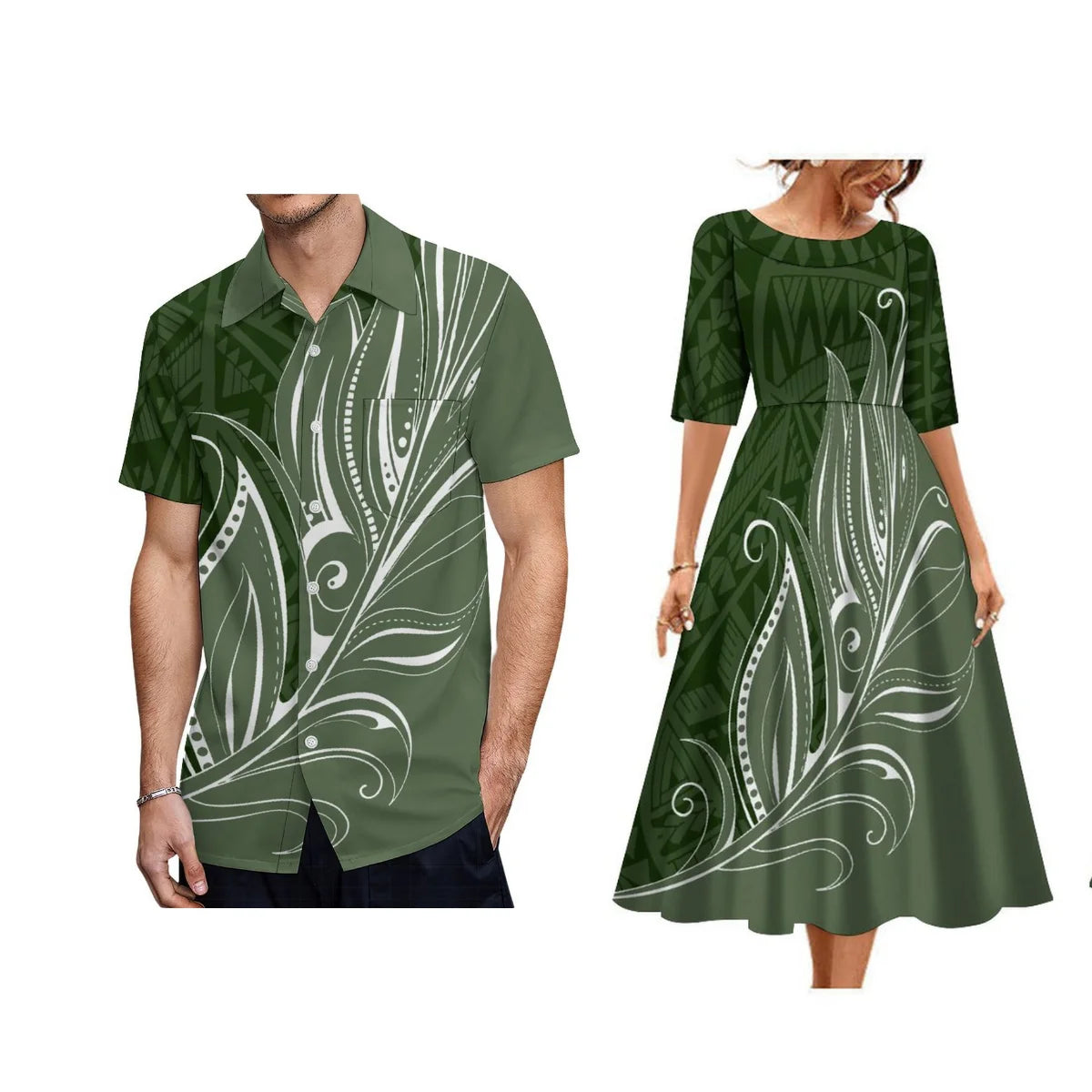 Tribal Clothing Polynesian Men Shirt Hawaiian Print Customized Large Round Neck Women Dress Couple Fashion Elegant Match