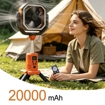 30000mAh Remote Control Camping Fan with Hook and 3 Brightness LED Lights – USB Charging Desk Fan for Outdoor Portable Fan