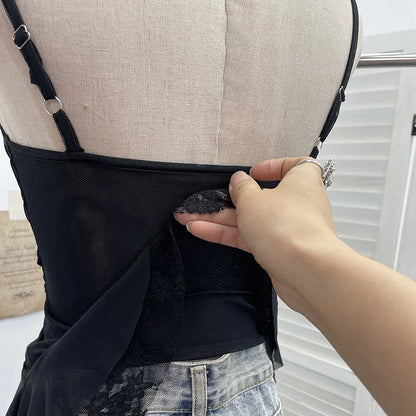 ISAROSE Summer Y2K Camisole for Women Casual Spaghetti Straps Double Layers Lace Stretch Mesh Patchwork Asymmetrical Slim Tops