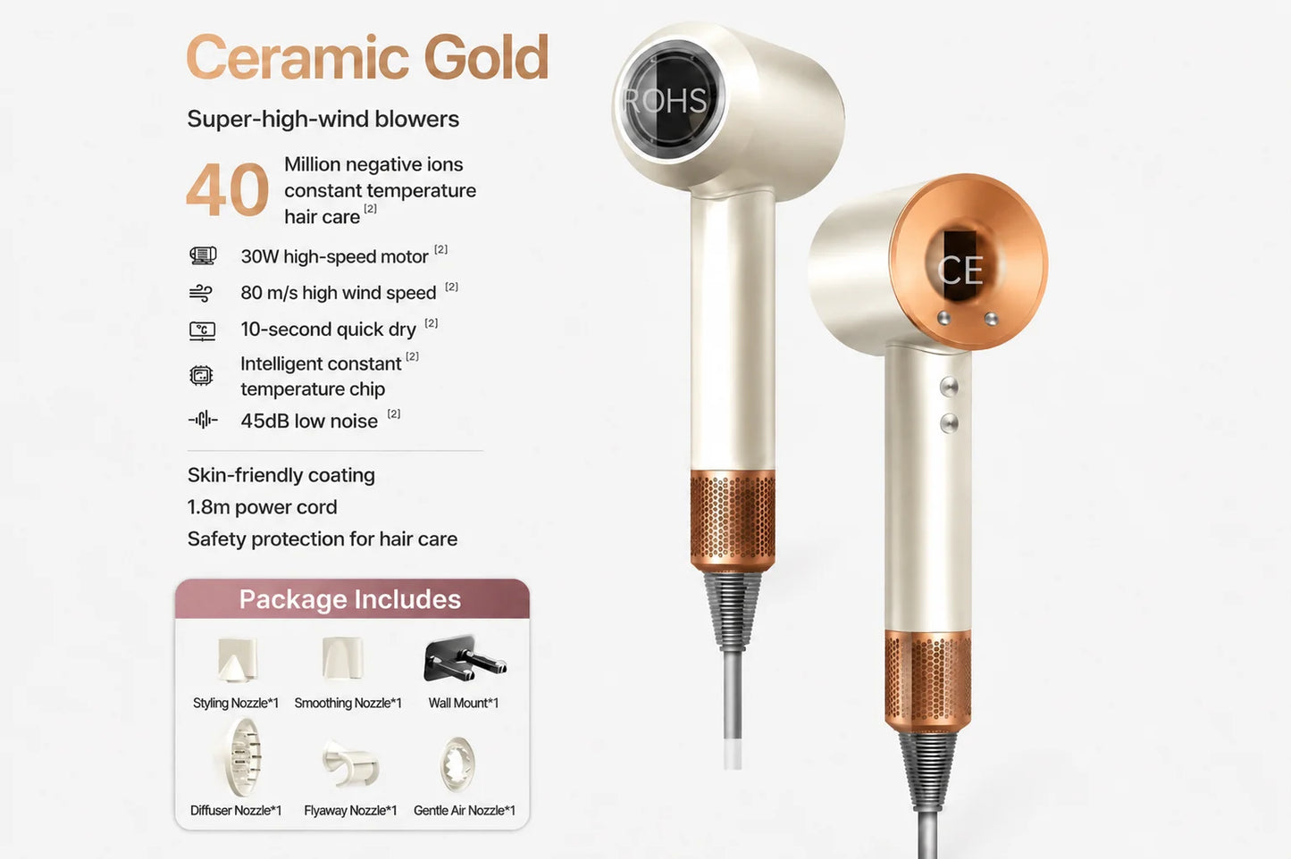 High Speed Hair Dryer 40M Negative Ions Constant Temp Fast Drying Low Noise Professional Salon Blow Dryer with Nozzles