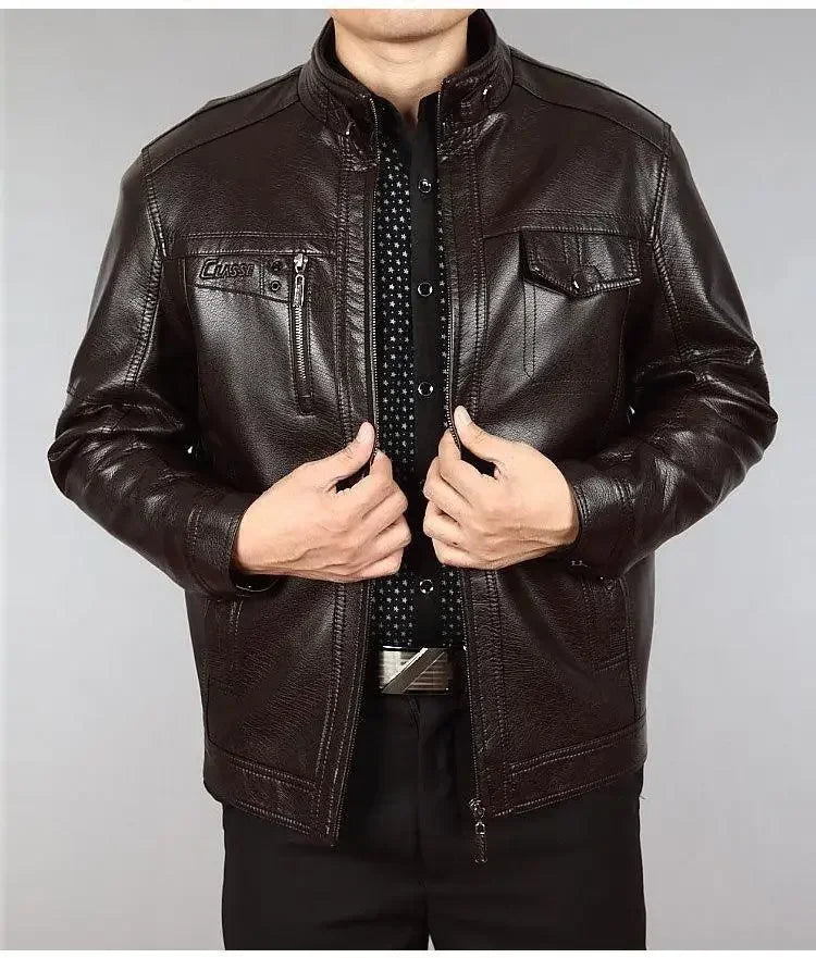 Autumn Winter Men Leather Jacket Fleece Warm Retro Business Casual PU Leather Coat Zipper Long Sleeve Windproof Outerwear New