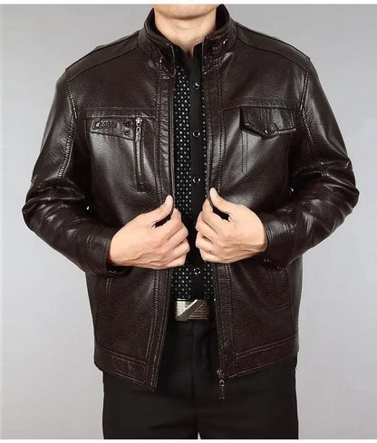 Autumn Winter Men Leather Jacket Fleece Warm Retro Business Casual PU Leather Coat Zipper Long Sleeve Windproof Outerwear New