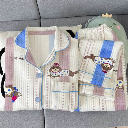 Thickened Air Cotton Sleepwear Set for Women Lazy Bear Cartoon Design Long Sleeve Long Pants Home Clothes Autumn Winter