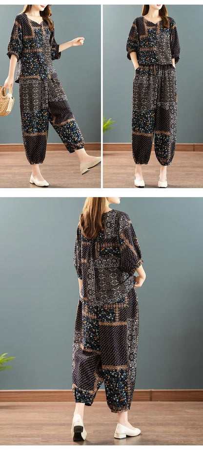 New Summer Floral Print Midi Sleeve Cotton Linen Loose Women's Two-Piece Set Ethnic Style Mom Clothes Comfortable Breathable