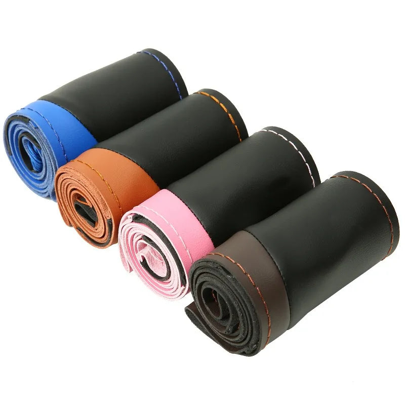 Leather Hand Sewn Steering Wheel Covers Universal DIY Braiding Car Steering Wheel Cover Car Accessories Steering Wheel Wrap 38CM