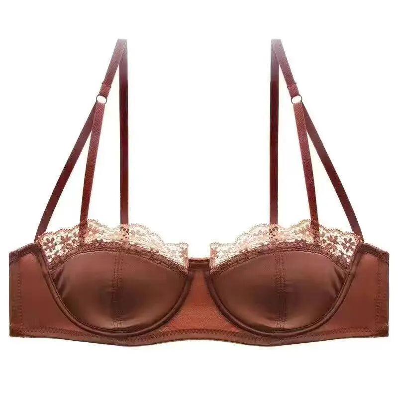 French Half Cup Lace Underwired Bra Set Ladies Thin Push Up Gather Fit No Gap Small Bust Comfortable Sexy Lingerie Two Piece Set