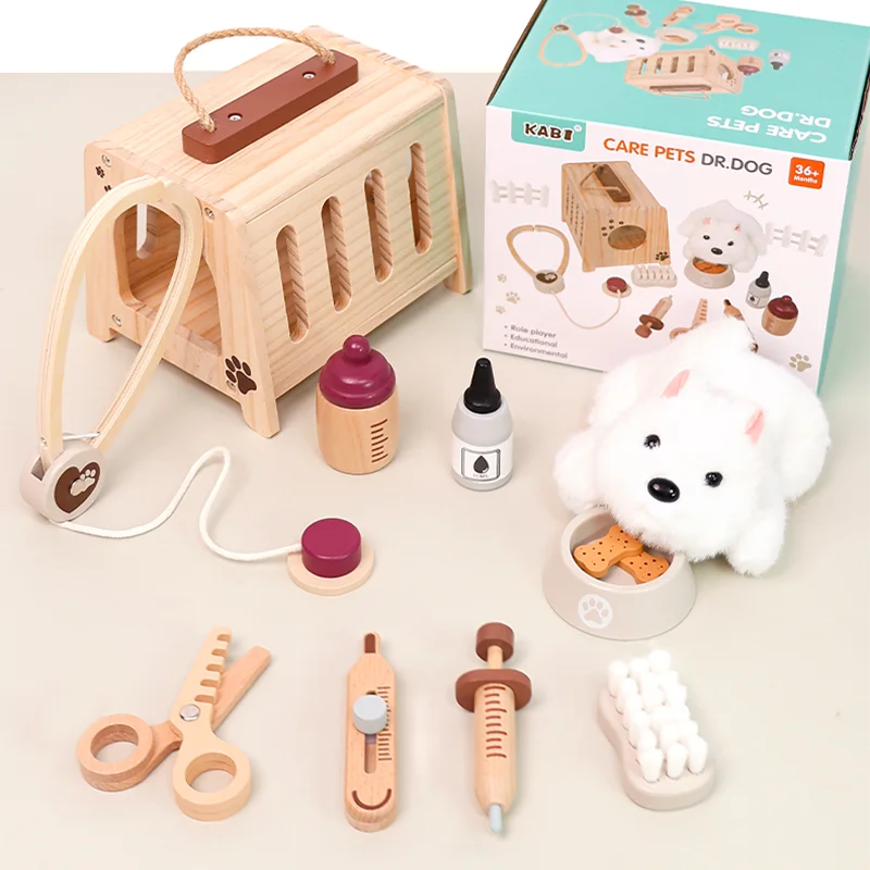 Wooden Pet Doctor Kit Kids Pretend Medical Role Play Educational Toy For Toddlers