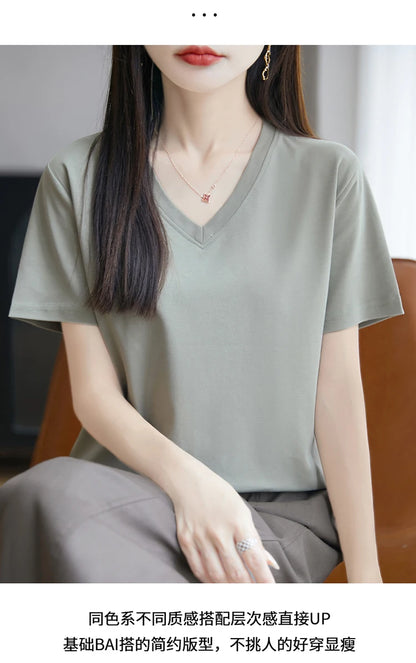 2026 Summer New Pure Cotton V-neck Short-sleeved T-shirt Women's Solid Color Joker Pullover Shirt with Loose Sleeve Bottom Shirt