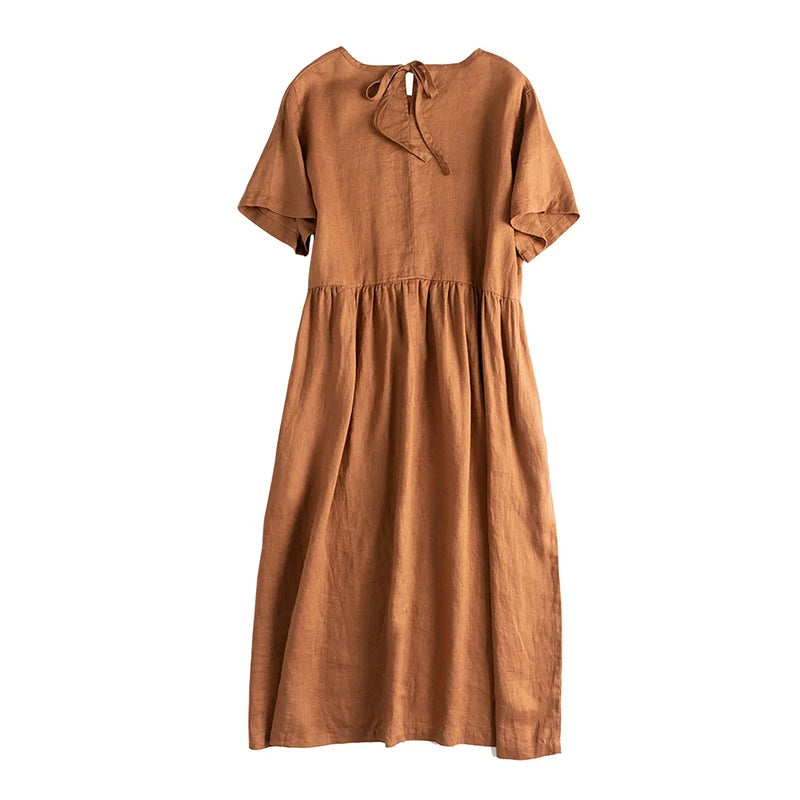 Summer Cotton Linen Women Dresses Vintage Short Sleeve Casual Loose Back Bandage Harajuku Party Club Dress With Pockets