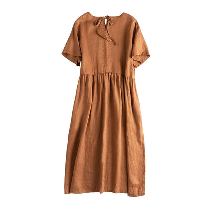 Summer Cotton Linen Women Dresses Vintage Short Sleeve Casual Loose Back Bandage Harajuku Party Club Dress With Pockets
