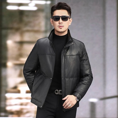 QYLVAWOY Real Leather Jacket Man Stand Collar Puffer Jacket  Winter Jackets Versatile Jackets for Man Short Coat Casual Fashion