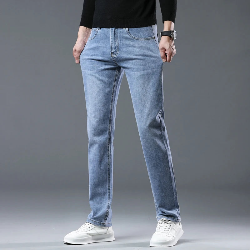 New Business Jeans Men's Casual Straight Stretch Classic Fashion Trousers Blue Smoke Gray Work Denim Pants Male Brand Clothes