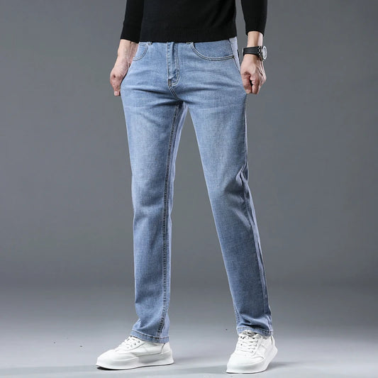 New Business Jeans Men's Casual Straight Stretch Classic Fashion Trousers Blue Smoke Gray Work Denim Pants Male Brand Clothes