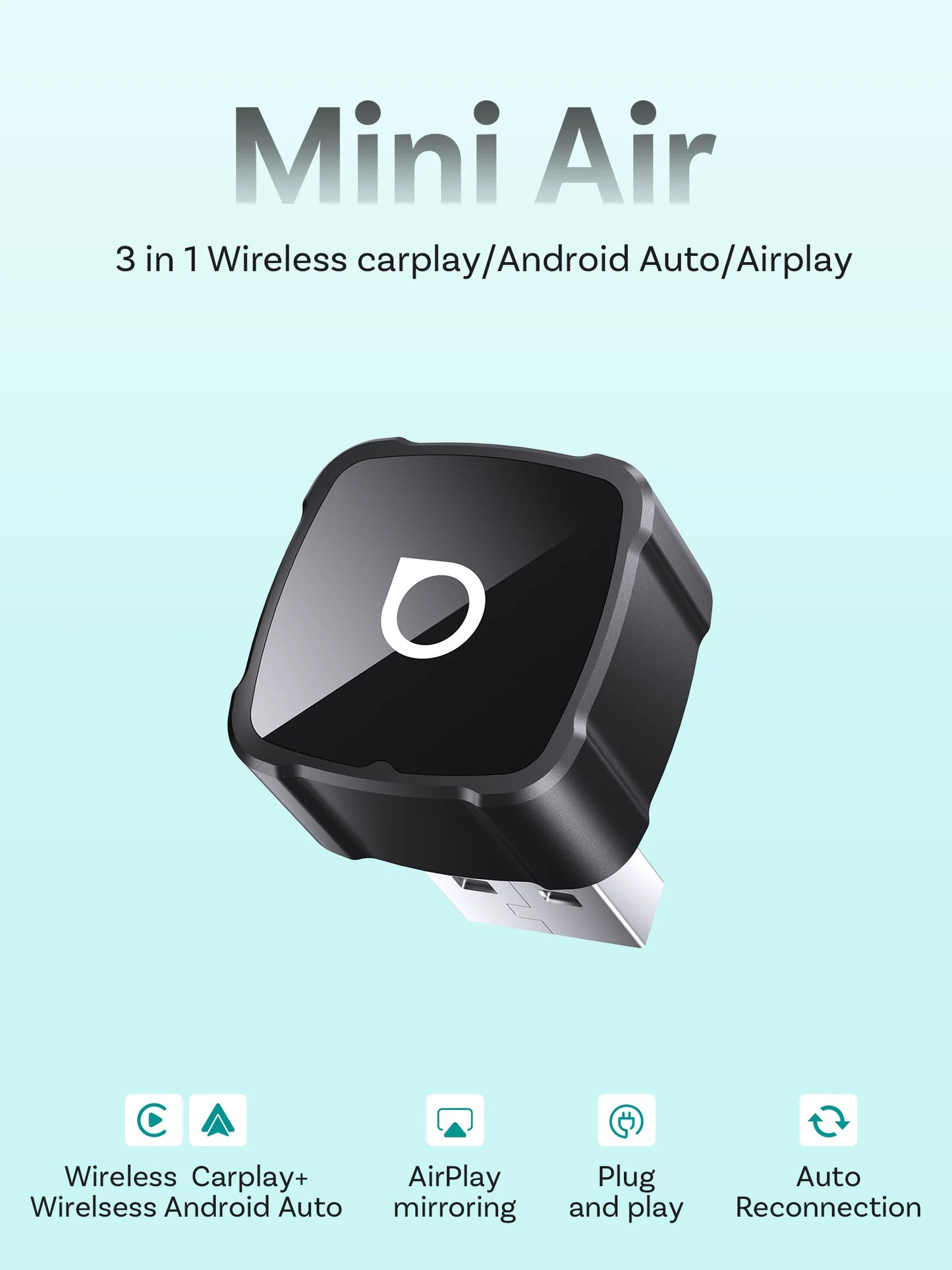 Ottocast Mini Air Wireless CarPlay Android Auto AirPlay Adapter 3 in 1 Plug and Play Wireless Mirroring For Youtube Tiktok IPTV