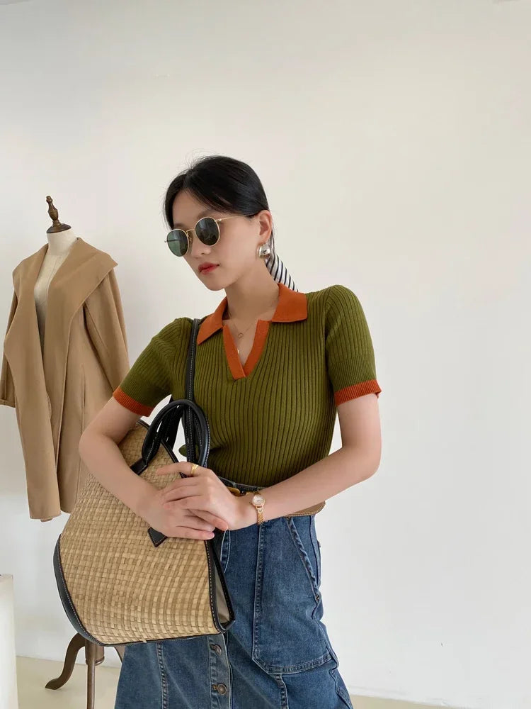Female Spring Slim Knit Tee Summer Women's T-shirt Polo Collar Short Sleeve Fashion Blouses White Skinny Casual Women Tank Top