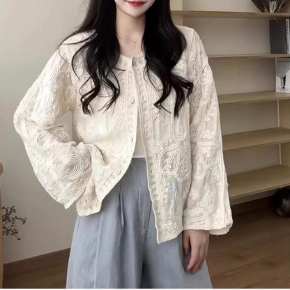 Women Spring Summer Embroidered Versatile Loose-Fit Shirt Top French Style Blouse Cardigan Top