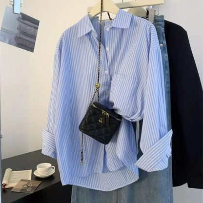 Retro Lazy Sle Blue Striped Women's Long Sve irt Spring Autumn Design Sense Small ence Outerwear Blouse