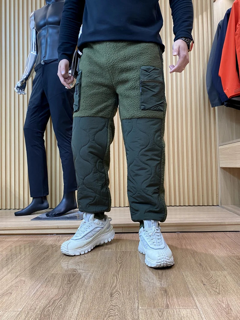 Thickened Outdoor Casual Workwear Cotton Pants for Men Winter Warm Anti-Cold Patchwork Design Straight Leg Long Trousers