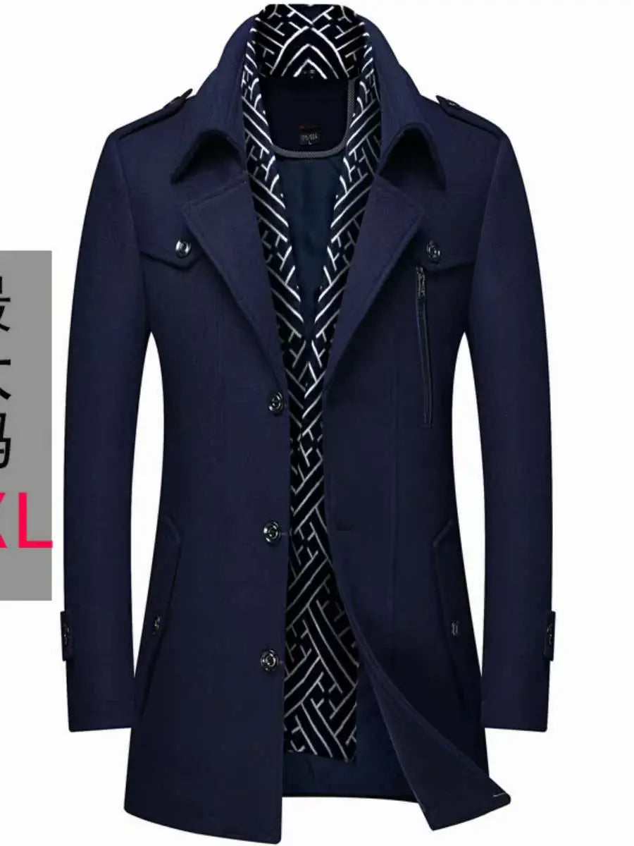 Thickened Men's Woolen Coat Scarf Collar Mid-Length Tweed Outerwear Winter Fashion Slim Fit Pocket Detail Pure Color Design