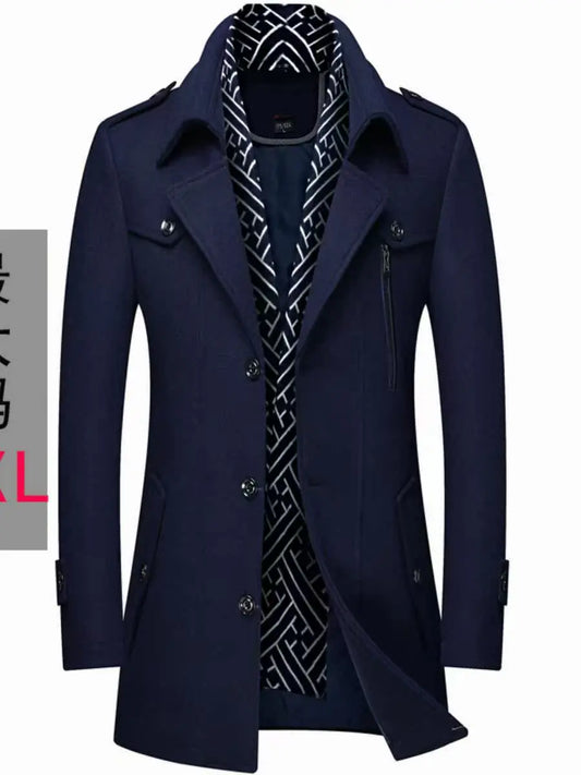 Thickened Men's Woolen Coat Scarf Collar Mid-Length Tweed Outerwear Winter Fashion Slim Fit Pocket Detail Pure Color Design
